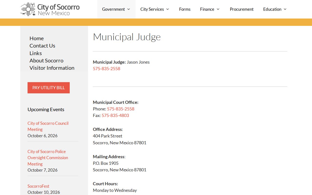 Socorro County municipal warrant Socorro Municipal Court contact
